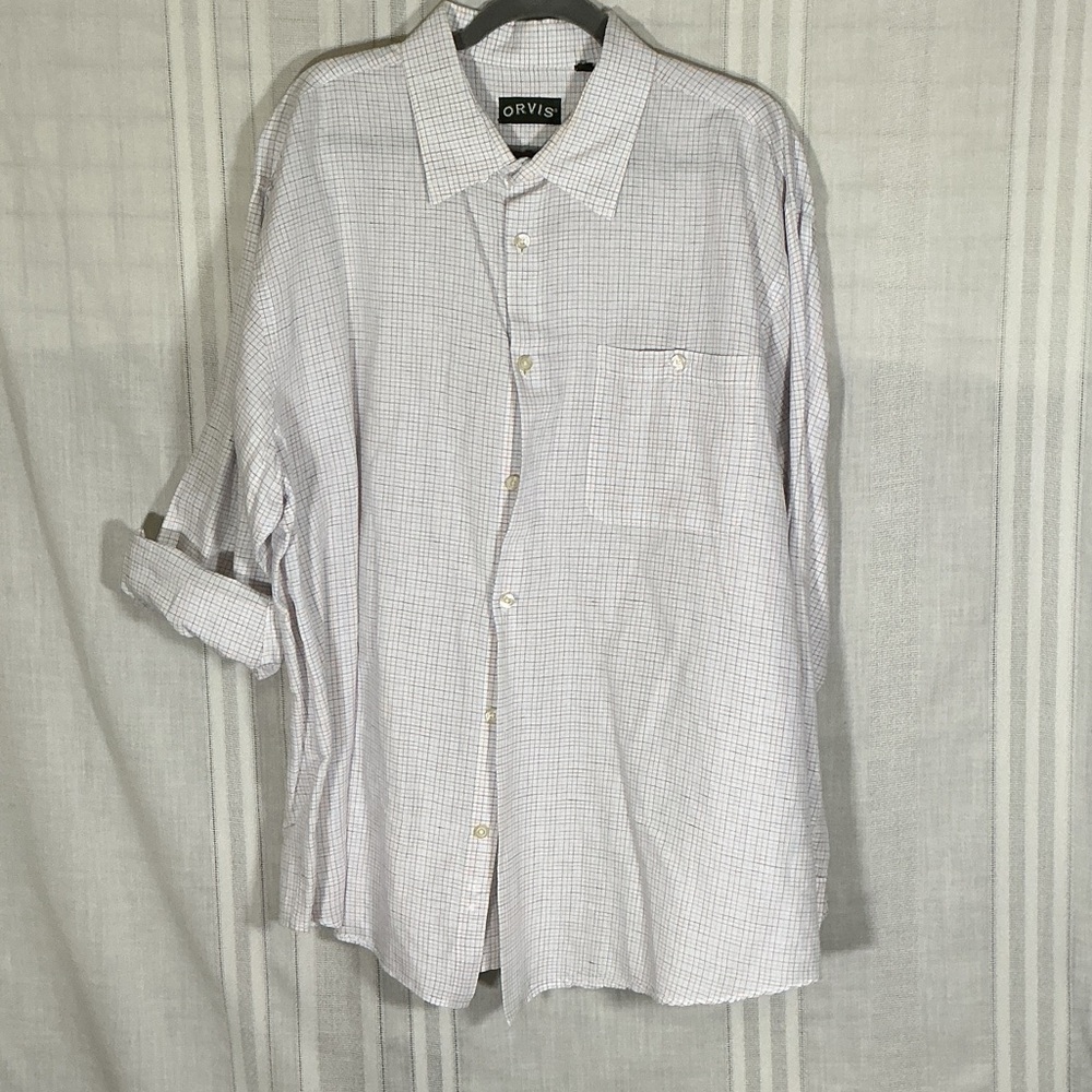 Orvis Linen Cotton Button Down Shirt XXL BlueWhite Check Lightweight Long Sleeve